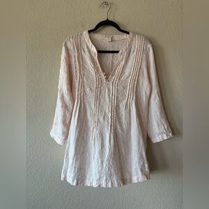 St Tropez Tunic Womens Size M Pink Pleated Embroidered‎ 100% Linen Roll Tab Cuff